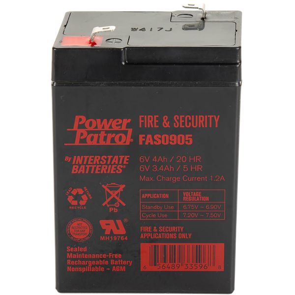 Interstate Batteries 6V 4Ah Fire & Security Battery (F1 Terminal) SLA AGM VRLA Power Patrol Rechargeable Replacement for Fire Alarms, Security Systems, General (FAS0905)