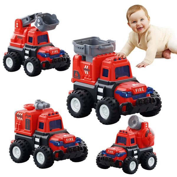 GEIQWNTOY Fire Truck Toy Cars for Boys Girls Ages 2-4 - 4 Pack Press N Go Toy Cars for Toddlers 1-3 Emergency Vehicle Toys for 1 2 3 Year Old Birthday Gift, Pull Back Cars for Construction Sand Box