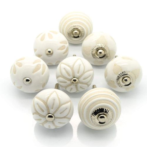 Pushka Home Set of 8 Ceramic Cream White Beige Cupboard Door Knobs . Pack of 8 x 40mm vintage style stencil handles mix. Suits doors up to 27mm. Supplied with silver fixings. For decorating your furniture.