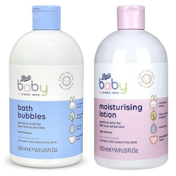 Bōots Baby Bath Bubbles & Moisturising Lotion - Light Formula | Suitable For Sensitive Skin | 500mL+500mL [BUNDLE]