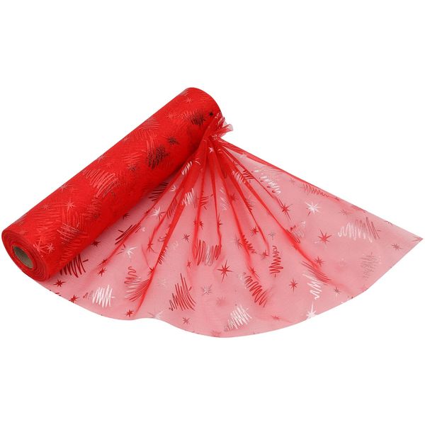 25m x 29cm Organza Roll Snow Sheer Glitter Fabric with Christmas Tree & Snowflakes Design for Christmas Wreath, Table Runner, Chair Sashes, DIY Gift Wrapping, New Year Party Decoration, Red