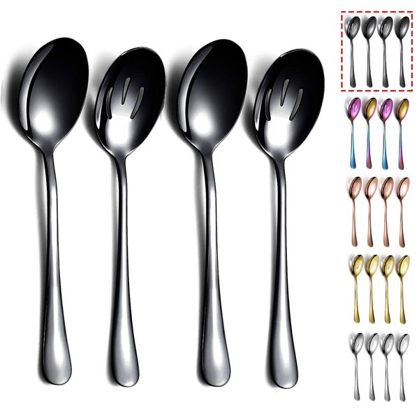 Black Serving Spoons 4 Pieces, Kyraton Titanium Plating Serving Spoon, Include 2 Serving Spoon and 2 Slotted Spoons, Stainless Steel Serving Utensils, Serving Set Packing of 4