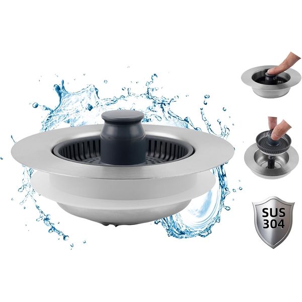 Upgraded 3 in 1 Kitchen Sink Drain Strainer and Stopper Combo, Stainless Stee...