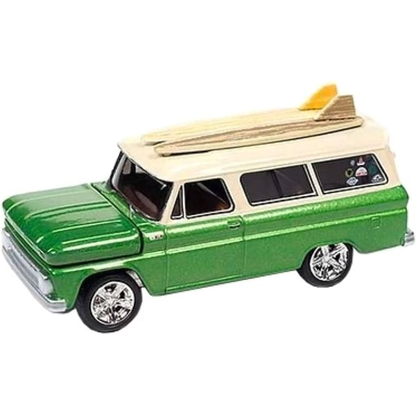 1965 Chevy Suburban Green Metallic and Cream with Two Surfboards Surf Rods Limited Edition to 3600 Pieces Worldwide 1/64 Diecast Model Car by Auto World CP7831