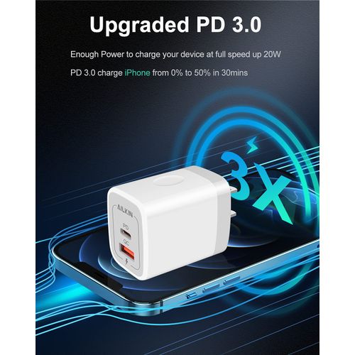 3Pack Dual Port USB-C Wall Plug-in USB Charger, AILKIN 20W Power Delivery + QC3.0 USB A Double Port Fast Charging Block for iPhone 15 14 13 12 Pro Max 14 Pro 12 Mini 16 Pro Max 16 Plus 16 SE X XS Cube