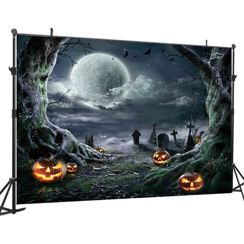 DHXXSC 10X8FT Halloween Graveyard Backdrop Scary Pumpkin Bat Grave Big Tree Moon Backdrop Happy Halloween Party Banner Vinyl Studio Background DH-57