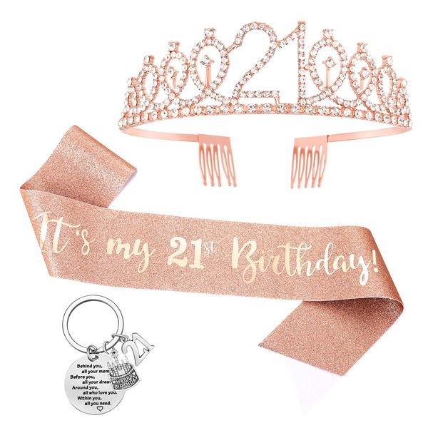 Popuppe 3pcs 21st Birthday Sash and Crown Tiara Keychain for Girls Gold 21st Birthday Gifts for Girls Keyring Glitter Sash and Rhinestone Crown