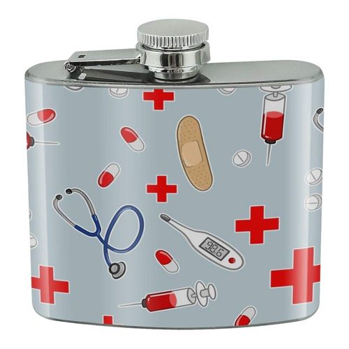 Nurse Doctor Pattern Healthcare Stethoscope Thermometer Stainless Steel 5oz Hip Drink Kidney Flask