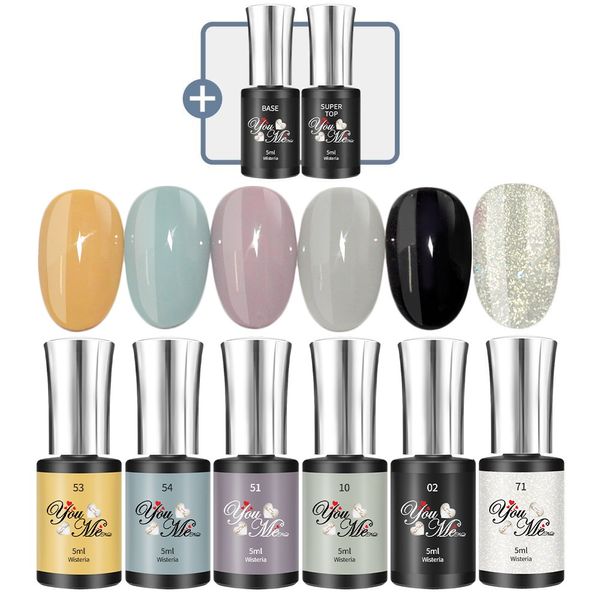 Yumi 2023 SS Gel Nail Set - 5 Color Gels + 1 Gleason Snow Glitter Gel + Top Gel Base Gel Self Gel Nail Set