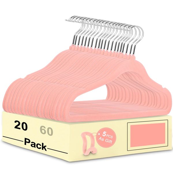 UniqNest Pink Velvet Hangers 20 Pack, 11.8'' Non-Slip Kids Velvet Hangers, Space Saving Clothes Hangers Flocked Hangers, Durable Kids Clothes Hanger for Bodysuit, Skirt (Silver Hook)