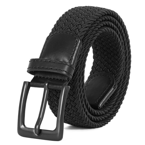 JASGOOD Braided Woven Elastic Stretch Belt for Men Women Web Casual Belt for Pants Jeans,Black/Black Buckle