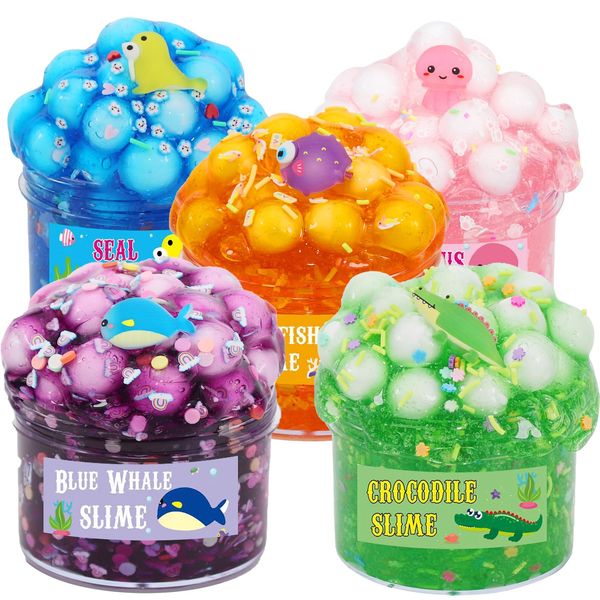 Ainiv 5PCS Jelly Cube Slime Kit, Crunchy Crystal Slime Kit, DIY Slime Making Kit, Super Soft and Non-Sticky, Fruit Themed Party Favors Toy to Slime, Stress Relief Slime Putty Toy for Kids Girls Boys