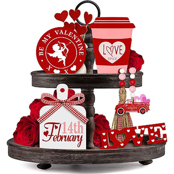 Valentines Day Tiered Tray Decor, 5 Pcs Valentine Wooden Decor Bead Garland, Far