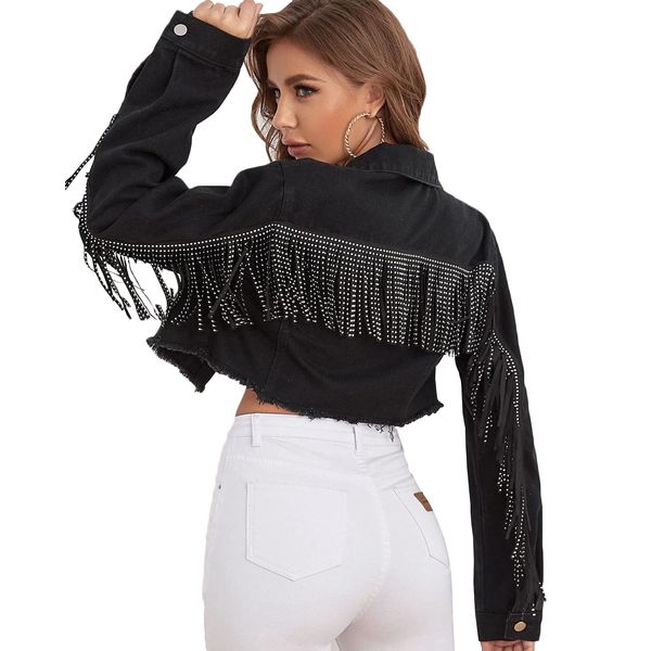 YILANUOYI Women's Fringe Jean Jacket Tassel Distressed Ripped Crop Denim Jackets