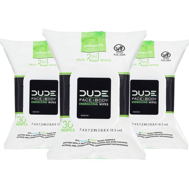 DUDE Face and Body Wipes - 3 Pack, 90 Wipes - Infused with Energizing Pro Vitamin B5 - 2-in-1 Face & Body Wipes - Alcohol Free and Hypoallergenic Cleansing Wipes