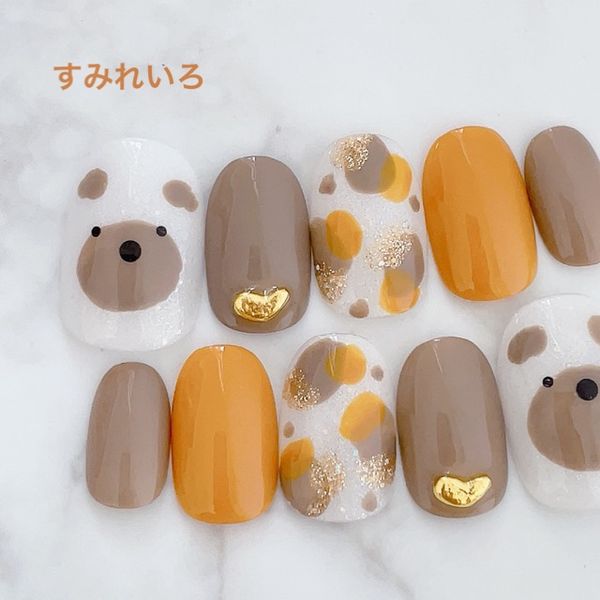 Nail tip false nails bridal nails cute short long design summer nails nail present short nails small nails big nails berry short chibi nails adult nails false nails office nails simple [1855] Kuma-chan animal mustard brown