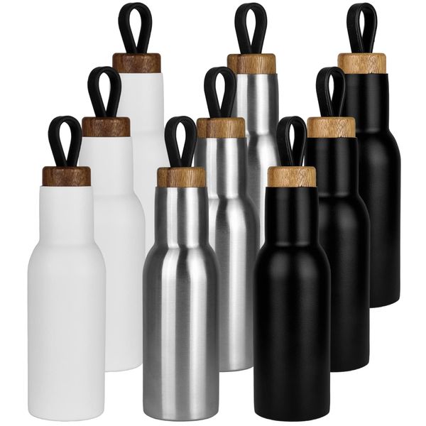 Edelstahl Trinkflasche mit Holzdeckel - 3-teiliges Set - Vakuum auslaufsichere Thermoskanne, Wasserflasche BPA frei, Isolierte Thermosflasche für Sport, Laufen, Fahrrad, Wandern - 400ml - Schwarz