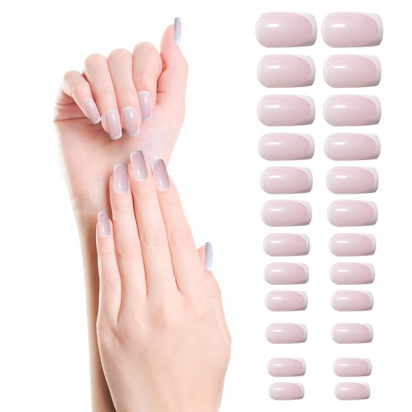 ALLY-MAGIC French Fake Nails False Nails Medium Short Nude Full Cover Artificial Press on Nails in 12 Different Sizes with Nail Glue Stick on Nails Manicure Set for Women Girls Y2-BBFXJP