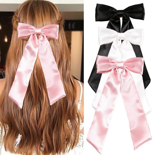 AOREAS 3Pcs Bowknot Hair Bows for Women Soft Silky Stain Bow Hair Clips with Long Tail,Black White Pink Bow Alligator Hair Ribbon Barettes Party Wedding Prom Daily Wearing Hair Accessories