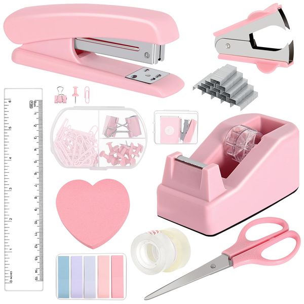 Office Supplies Set, Pink Stapler and Tape Dispenser Set with Staple Remover, Stapler and Staples Set with 1000 Staples, Clips, Tape, Scissor and Tabs, Desk Accessories for Student