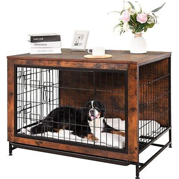 Large Dog Crate Wooden Kennel Heavy Duty Cage with Tray End Table Pet Furniture