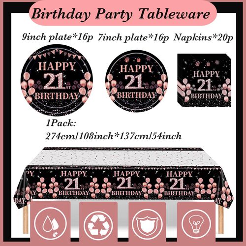 53PCS Black Rose Happy 21st Birthday Party Tableware Decorations for Girls Birthday,Disposable Party Tableware Set Black Rose 21st Table Cloth,7inch,9inch Paper Plates,Napkins for Girl,Her Dinnerware