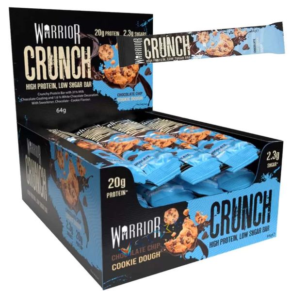 Warrior Crunch Chocolate Chip Cookie Dough,High Protein Low Sugar Bar Fudge Browni & White Chocolate Crisp Protein Bar, 64g (Pack of 12, Chocolate Chip Cookie Dough Flavour)