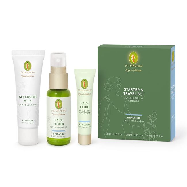 PRIMAVERA Starter & Travel Set Hydrating - Naturkosmetik - Kennenlern- & Reiseset für normale bis trockene Haut - Geschenkbox Reinigung, Toner, Pflege - vegan