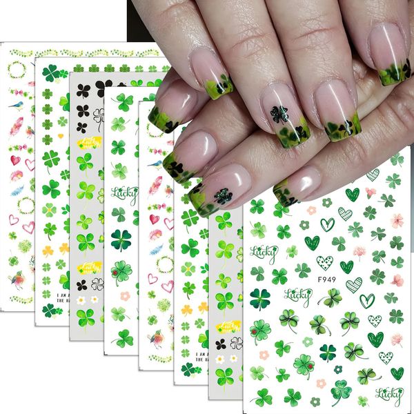 Mkwntg St. Patrick’s Day Nail Art Stickers Shamrock Nail Decals 3D Self-Adhesive Green Clover Nail Art Design Luck of The Irish Nail Stickers for Women Girls Manicure Nail Decoration 8 Sheets