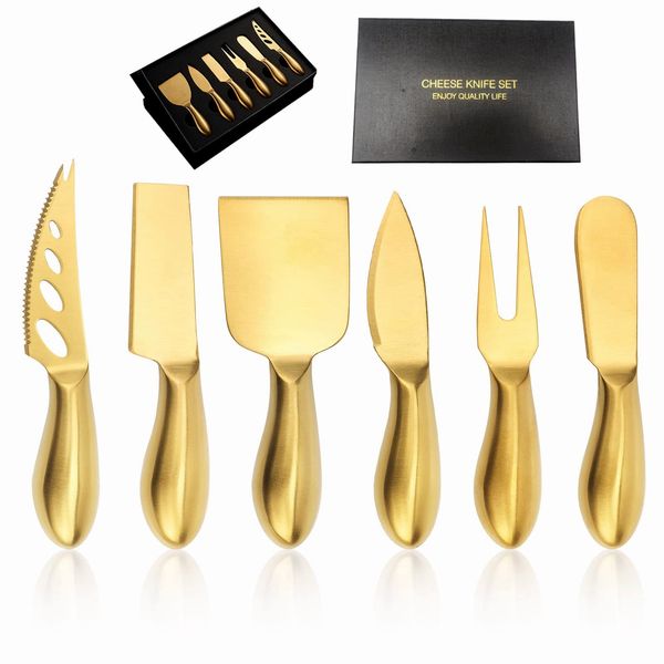 Apusu Premium 6-Piece Gold Cheese Knife Set Stainless Steel Cheese Cutter and Fork Cheese Slicer Collection Cheese Spreaders for Wedding Party Gift