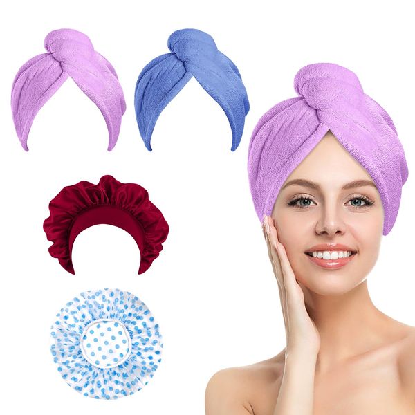 SNAIL GARDEN 4Packs Hair Cap Set, 2 Microfiber Hair Drying Towels Wrap with 1 Plastic Shower Hair Cap+1 Silk Sleeping Hair Protection Cap, Reusable and Lightweight for Women & Girls Hair Care Caps