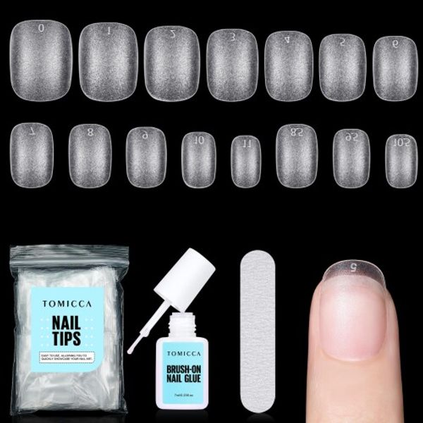 TOMICCA Nail Tips, Nail Glue, Suit, Gel Nail Tips, Short Nails, Quick Drying, Long Lasting Nail Tip Adhesive, Ultra Thin False Nails, 15 Sizes, 240 Sheets (Round XS)