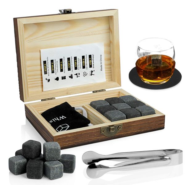 Whisky Stones Gift Set, WOVTE 9 Granite Chilling Whisky Rocks with 2 Coasters& Ice Tongs & Storage Pouch Packaged in Wooden Premium Box, Great Whisky Stone Ice Cubes Gift Set for Men…