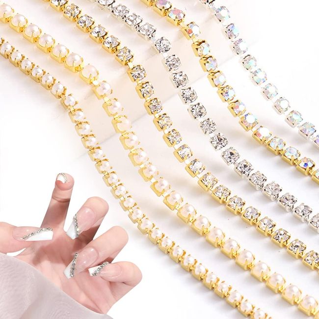 Nail Parts Chain Rhinestone 25cm Chain Pearl Sparkling Cuttable Gold Silver Accessory Parts Nail Salon Nail Supplies Gel Nail Decoration Set of 6