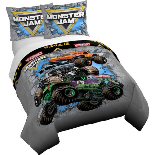 Monster Jam Queen Size Duvet Cover and Sham Set - Grave Digger, Megalodon & El Toro Loco 3 Piece Super Soft Cozy Grey Kids Bedding Set