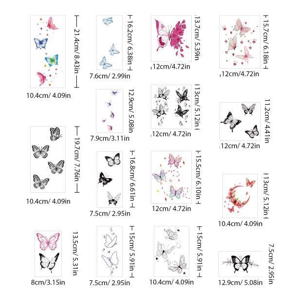 TATTOO Colorful Butterfly Temporary Tattoo Sticker, Waterproof Face Party Favors for Women, 15 Pieces