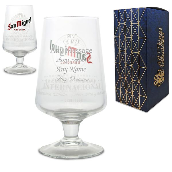Personalised Engraved San Miguel Pint Glass, Personalise with Any Message for Any Occasion, Stylize with a Variety of Fonts, Gift Box Included, Laser Engraved