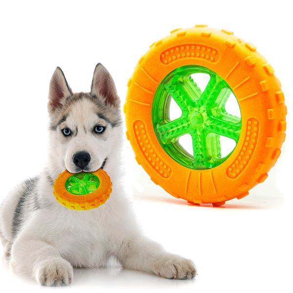 1 X 5" Rubber Dog Chew Toys TIRE | Bright TPR Dog Toys Small Dog Medium | Throwing TYRE WHEEL | Interactive Dog toys for Boredom | Floating Dog Toy | Puppy Teething Toys for Training (Orange)