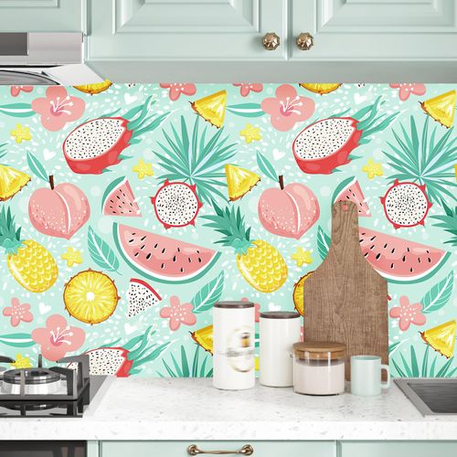 Mangoloo Tropical Fruit Wallpaper Boho Light Teal Contact Paper Floral Peel and Stick Wallpaper for Bathroom Cabinets Bedroom Removable Self Adhesive Fruit Stick on Wallpaper 17.5"x102"