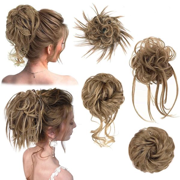 Clshes 4 Pieces Tousled Updo Messy Bun Hairpiece Hair Extension Ponytail With Elastic Rubber Band Updo Ponytail Hairpieces for Women (Light Brown Mix Natural Blonde)