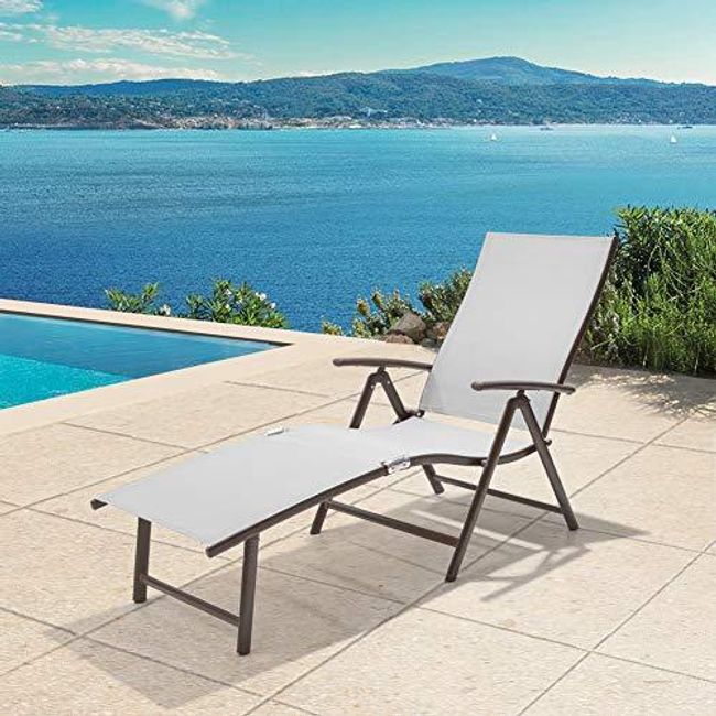 Crestlive Products Aluminum Beach Yard Pool Folding Recliner Adjustable Chaise Lounge Chair All Weather (1 PC Light Gray)