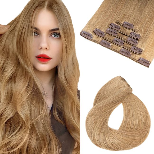 Elailite 5 PCS Echthaar Extensions Clip - Clip in Extensions Haarverlängerung - 12 Clips Clip Extensions Echthaar Günstig - glatt - 16"(40cm 60g) #27 Dunkelblond