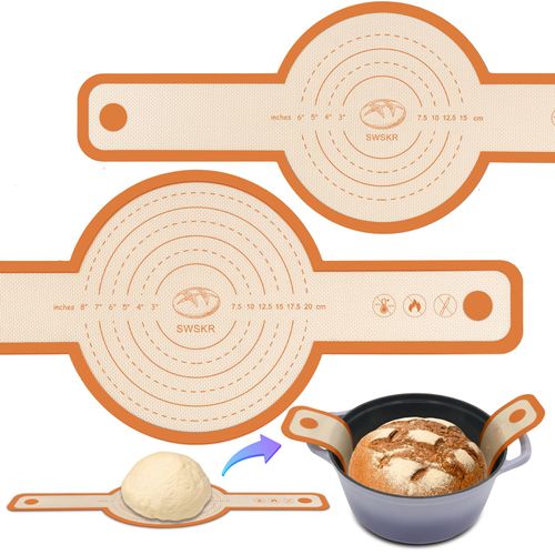 Silicone Bread Sling for Dutch Oven, 2 Sizes Non-Stick & Odor-Free Baking Mat Set, Anti-slip Reusable Bread Sling with Long Handle, Edge Sealing Design, Essential Baking Supplies (ORANGE)