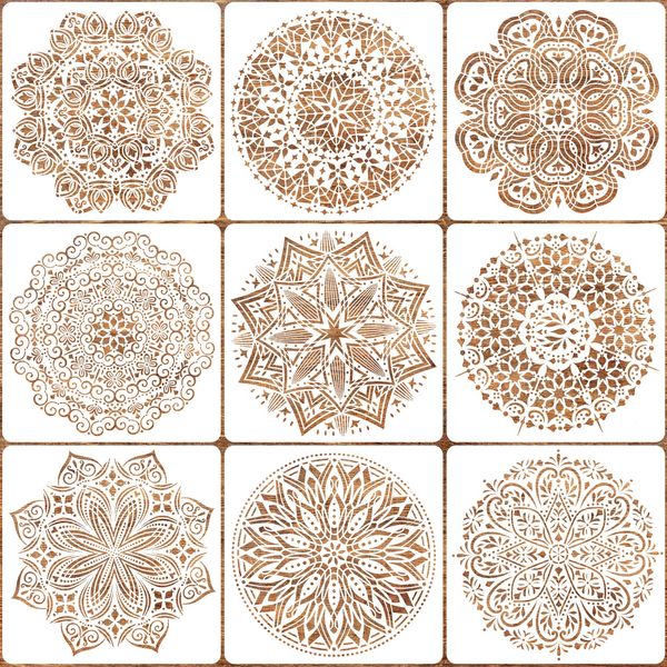 Eunvabir 9 Pack 12x12'' Mandala Stencils for Painting on Wood, Floor, Wall, Tile Fabric, Reusable Furniture Stencils Painting Template