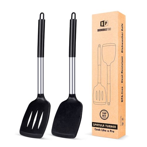 Pack of 2 Silicone Solid Turner,Non Stick Slotted Kitchen Spatulas,High Heat Resistant BPA Free Cooking Utensils,Ideal Cookware for Fish,Eggs,Pancakes (Black)