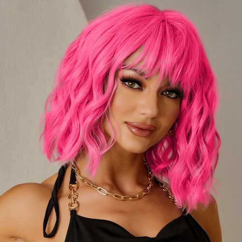 LINGHANG Short Pink Wigs for Women Short Wavy Hot Pink Wigs with Bangs Synthetic Pink Curly Bob Wig Curly Shoulder Length Cosplay Wig for Women Girls Colored Wigs