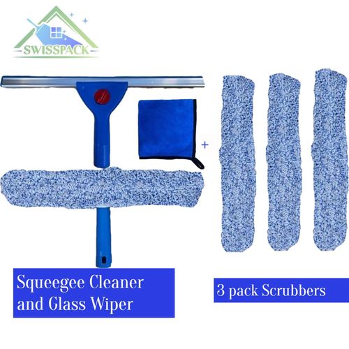 SWISSPACK Squeegee Cleaner and Glass Wiper,14” Professional Window Cleaning Kit Squeegee for Window, Car, Bathroom & Shower 2-in-1 Glass Scrubber Thick Micro Fibre Cloth 30x30 + 3 Scrubbers (4 total)