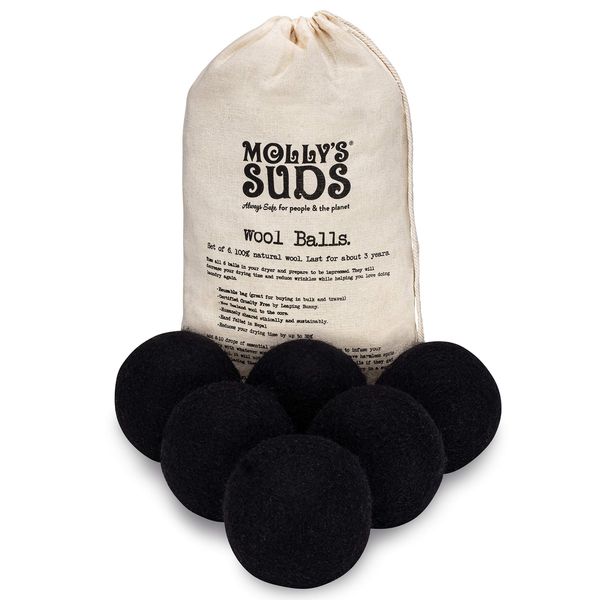 Molly's Suds Wool Dryer Balls | XL, Premium Organic Fabric Softener, Hypoallergenic, Hand-Felted, Reusable, Reduce Drying Time | Black, Set of 6