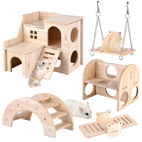 Vegena Pack of 5 Wooden Hamster Toys - DIY Hamster Toy - Hamster Hideout House Bridge Rocker Swing Training Toy, Hamster Accessories for the Cage for Gerbils Rats Dwarf Hamsters
