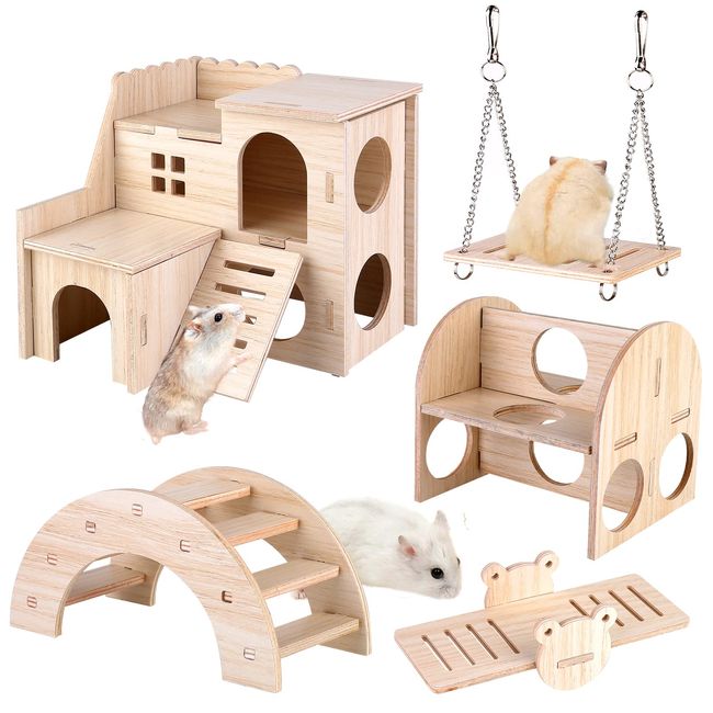 Vegena 5 Stück Spielzeug für Hamster aus Holz - DIY Hamster Spielzeug - Hamster Versteck Haus Brücke Wippe Schaukel Trainingspielzeug, Hamster Zubehör für Den Käfig für Rennmäuse Ratten Zwerghamster